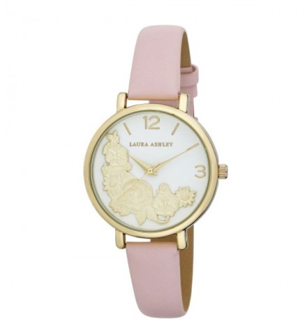 Laura Ashley Womens Gold Round Floral Bounty Strap Watch
