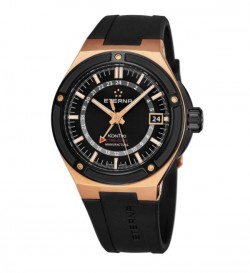 Eterna Men's 7740.63.41.1289 'KonTiki' Black Dial Black Rubber Strap Goldtone GMT Automatic Swiss Made Watch